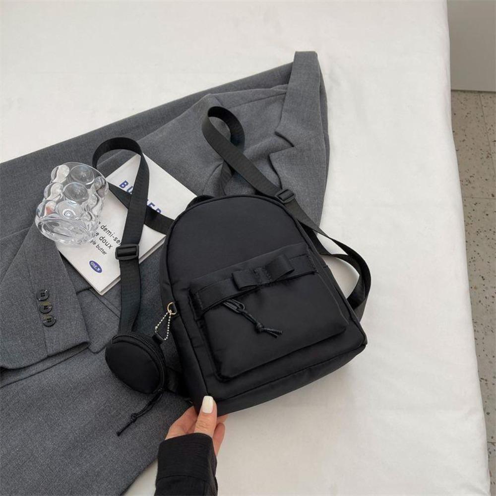 with Headphone Bag Mini Backpack Portable Nylon Solid Color Women's Backpack Zipper Bow School Bags Travel