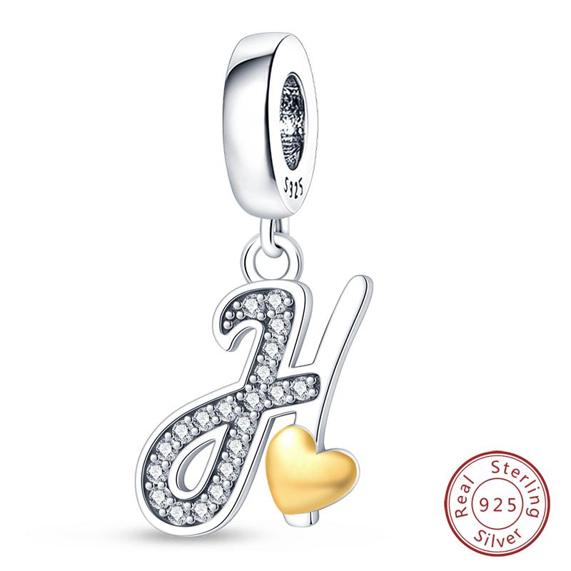 925 Silver Charm Beads Classic Gold Heart-Shaped 26 Letters Pendant For Bracelet DIY Charm Birthday Jewelry