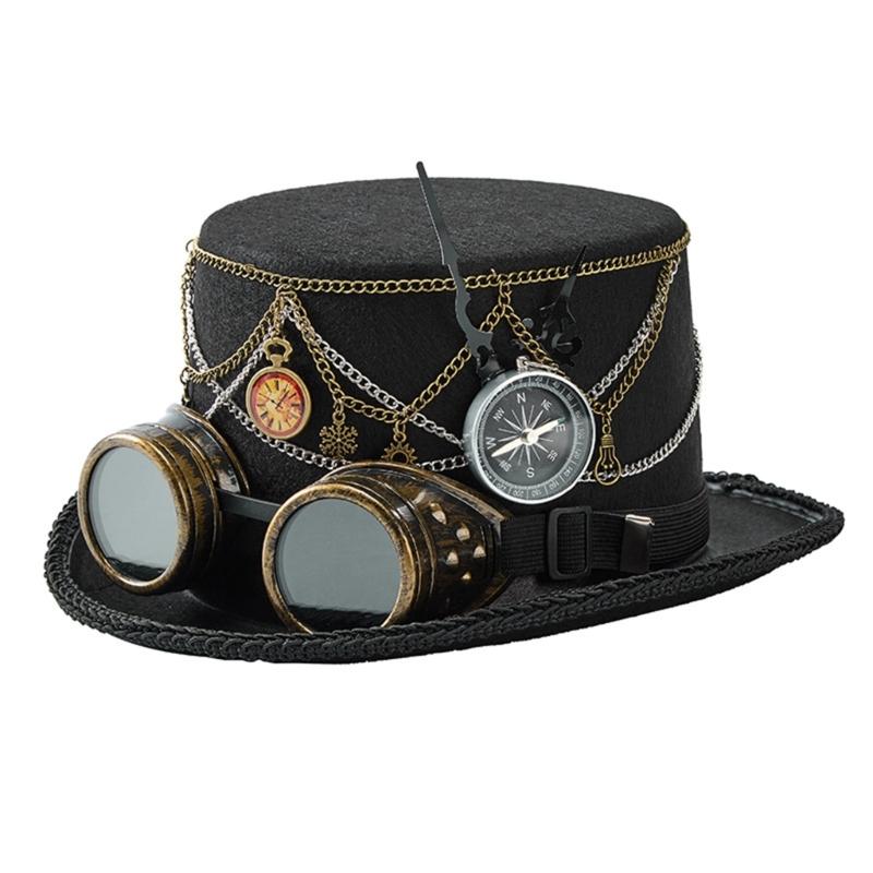 

Dark Top Hat Steampunk Goggles Style Top Hat With Metal Chain Gothic Themed Cosplay Costume Accessories 1