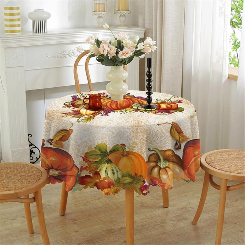 Table Cloth Autumn Leaves and Pumpkin Patterns Round Tablecloth 150cm for Thanksgiving Party Decoration