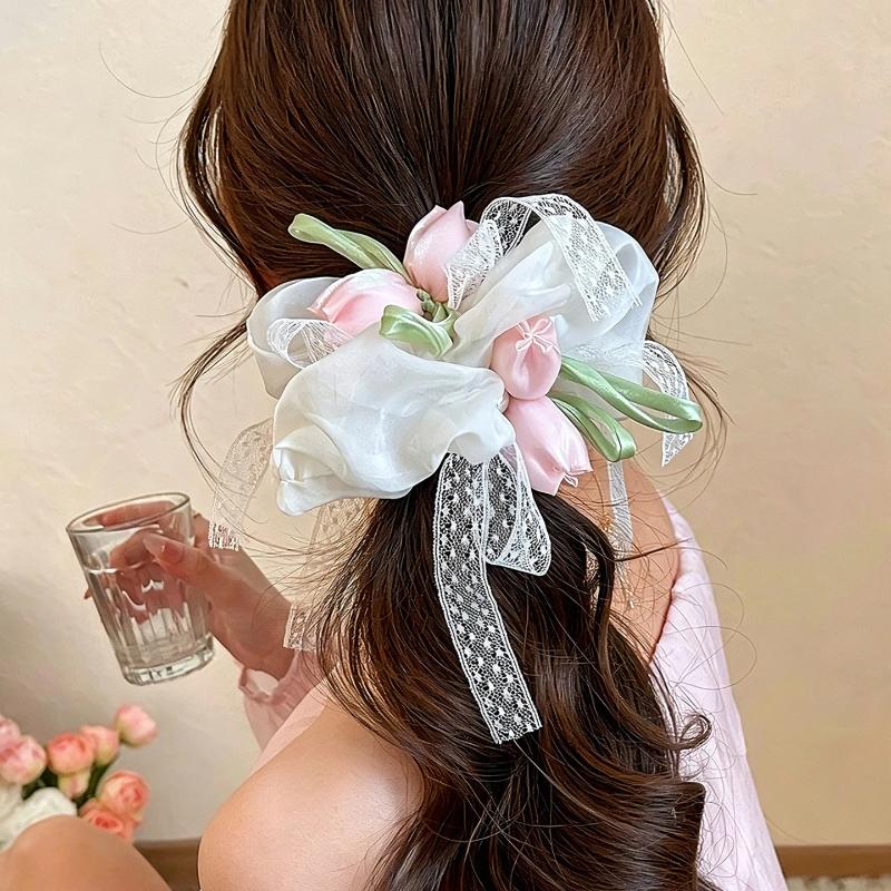 Women's Lightweight Tulip Lace Hair Scrunchies Soft Non Slip Elastic Hair Bands for Office Work Dating Women Hair Styling Decor