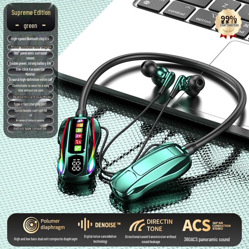 Wireless Neckband Bluetooth Headphones with Long Battery, Memory Card Slot, K-Song Ear Monitor, and HD Call Function.