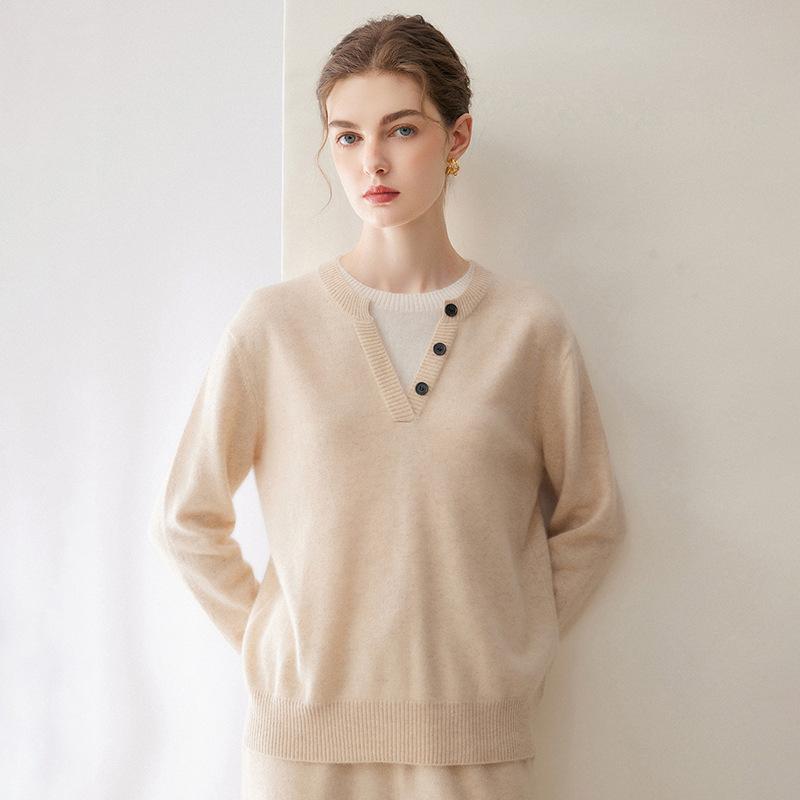 Kang Sai Ni Women's 100% Cashmere Two-Piece Style Sweater - Versatile, Fashionable, Loose Fit Knitwear