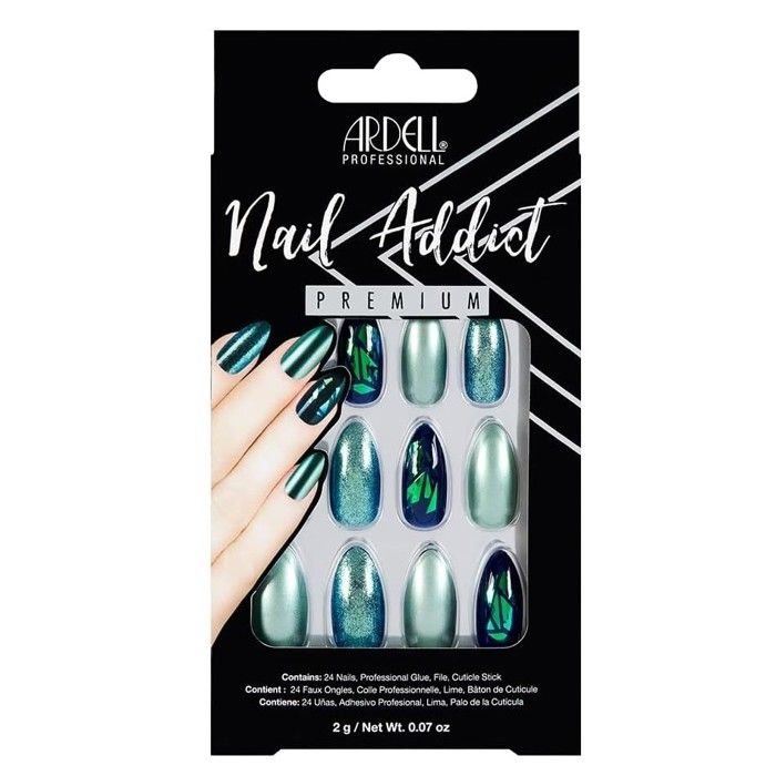Ardell Nail Addict Green Glitter Chrome Kit De 24 Ongles Artificiels - Effet Paillettes Chromées - Tout Inclus
