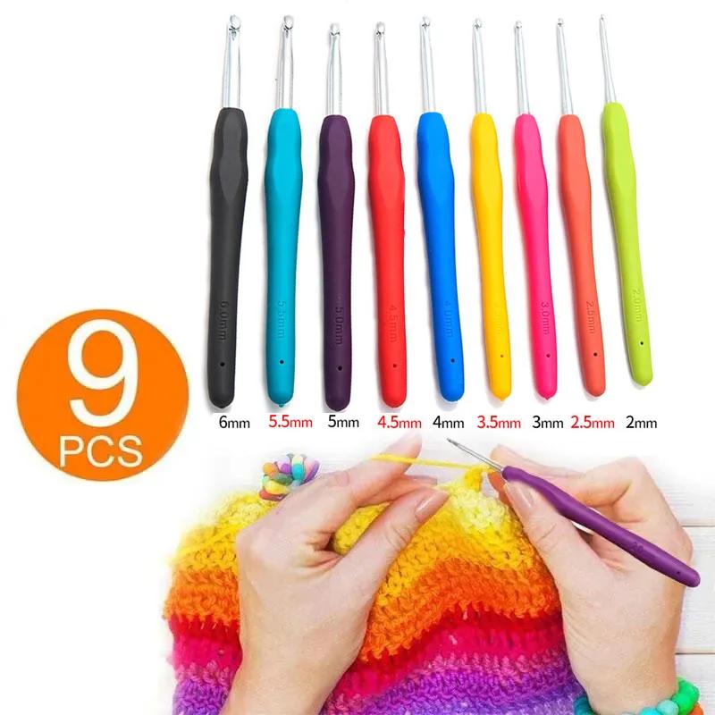 9pcs Knitting Tool Sweater Needle TPR Soft Handle Aluminum Crochet Color Handle Sweater DIY Craft Scarf Sewing Needles Knitting