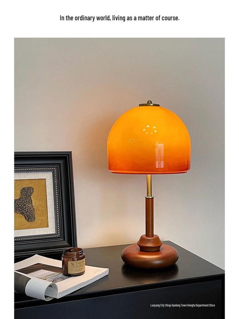 Mid-Century American Walnut Glass Table Lamp - Retro Decorative Bedroom & Study Light