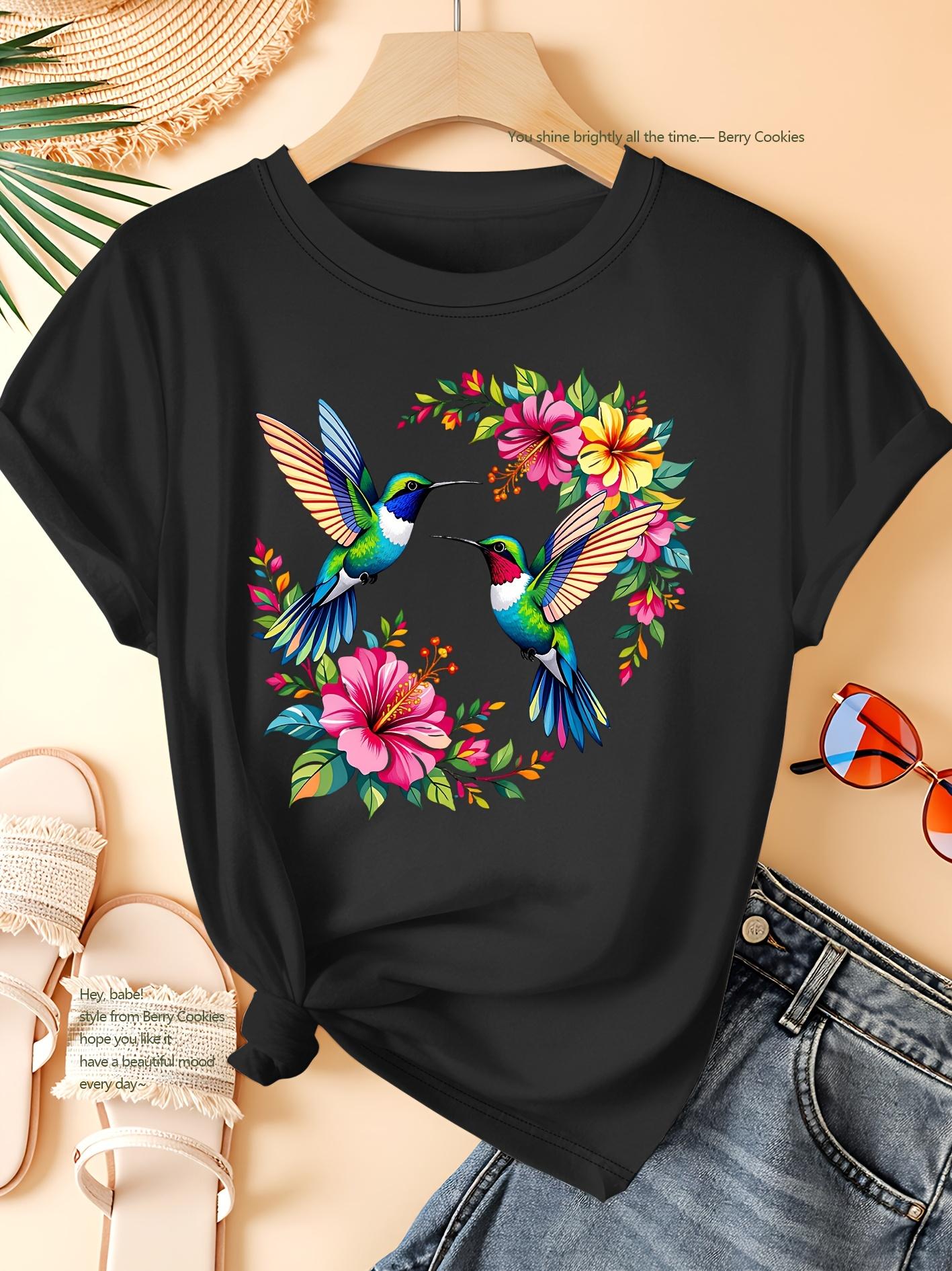 

Hummingbird Floral Print Fashionable Elegant Women s Spring Summer Autumn Casual Sporty Top Soft Comfortable Round Neck Short Sleeve T-Shirt Available L дубильная кора