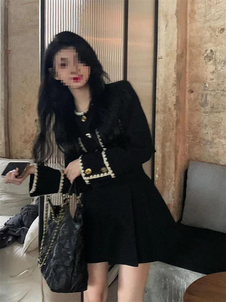 Elegant Miss High-End Fragrance Style: Women's 2024 Autumn/Winter Short Black Coat Set