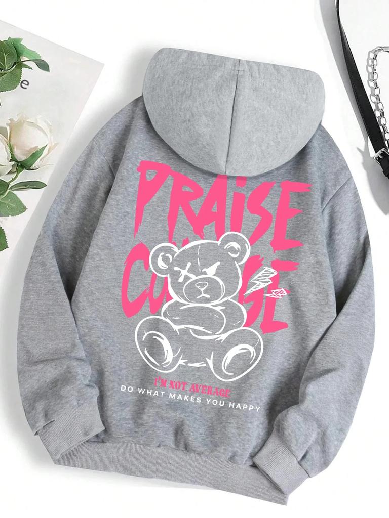 Cooler kleiner Bär Cartoon Druck Kapuzenpullover für Damenmode Warm Streetwear Persönlichkeit Herbst Neu Sweatshirt Fleece Damenbekleidung