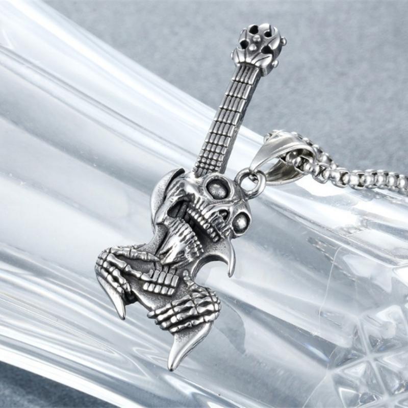 Punk Fashion Skull Guitar Titanium Steel Necklace Pendant for Men and Women Retro Trendy Brand Pendant