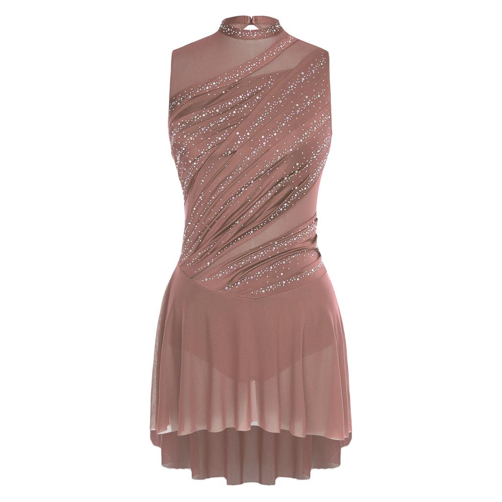 Women Ruched Dance Dress Shiny Rhinestone Sleeveless Lyrical Dancing Outfit