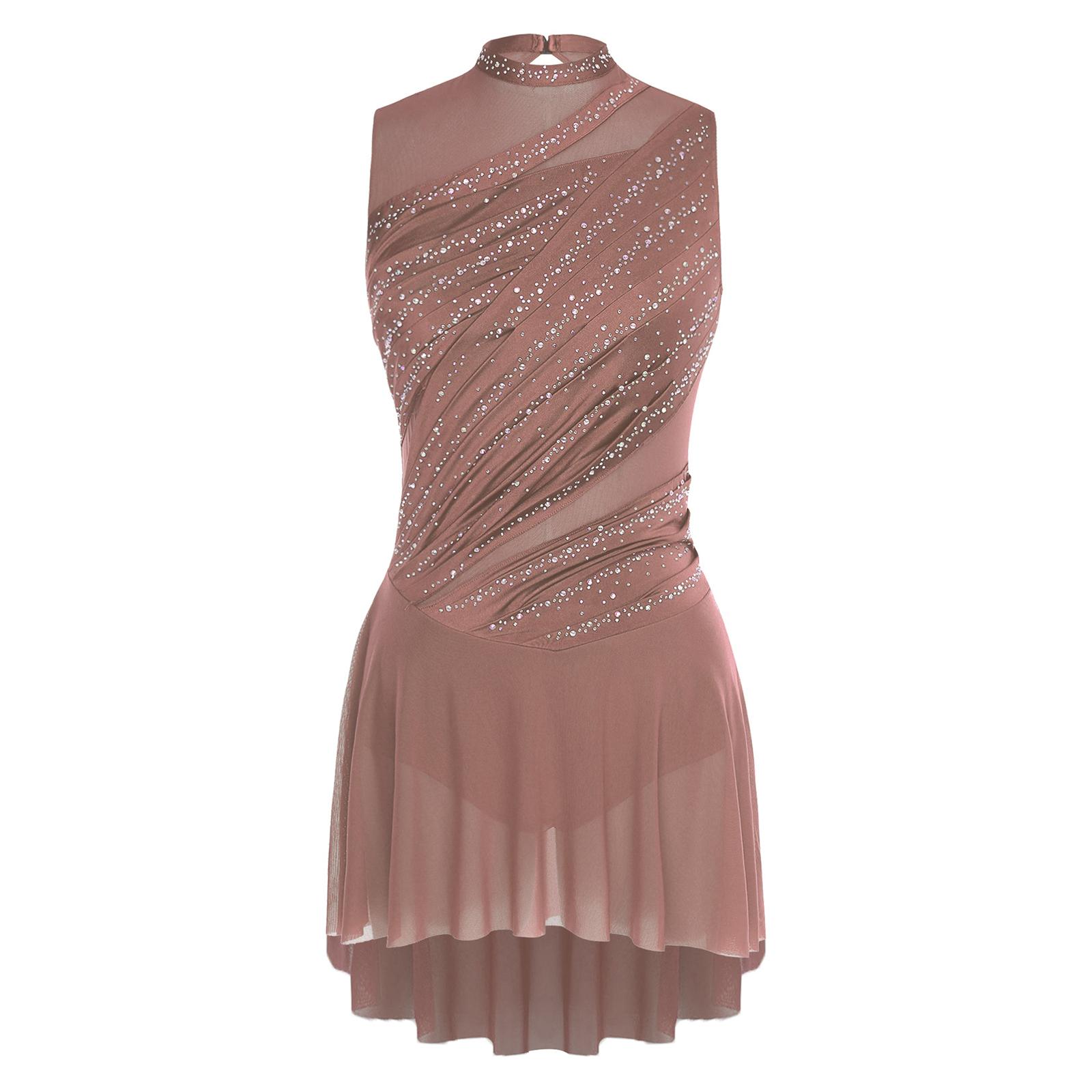 Damen gerafftes Tanzkleid glitzernde Strasssteine ärmellos lyrisches Tanzoutfit S kaffeebraun