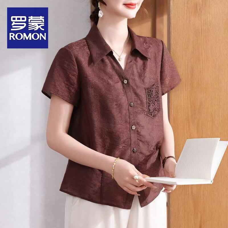 ROMON 2026 Women s Sophisticated Lapel Short Sleeve Blouse 3XL