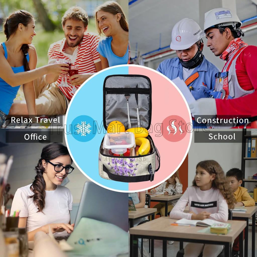 Vintage Lavender Flowers Insulated Lunch Box Reusable Portable Lunch Bag Durable Cooler Bento Tote for Women Work Travel Picnic