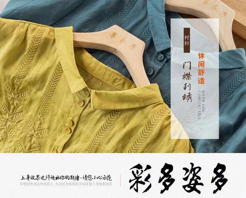 Export medium-sleeved cotton and linen shirt women's embroidery new thin cotton and linen top temperament loose and beautiful shirt women