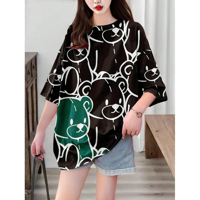 Soft Plush Bear Print Casual Loose Fit Short Sleeve Round Neck T-Shirt Women Men Youth