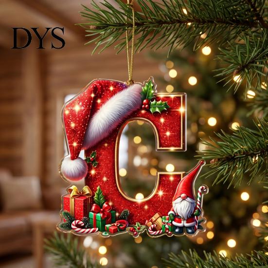 Christmas Tree Decorations 26 Pcs Letters Ornaments, A-Z Alphabet Acrylic Hanging Ornament Decoration, Personalized Initial Pendant with Santa Hat for