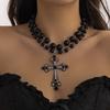 SHIXIN Gothic Style Large Cross Pendant Necklace for Women Vintage Multilayer Black Acrylic Beads Necklace Halloween Accessories