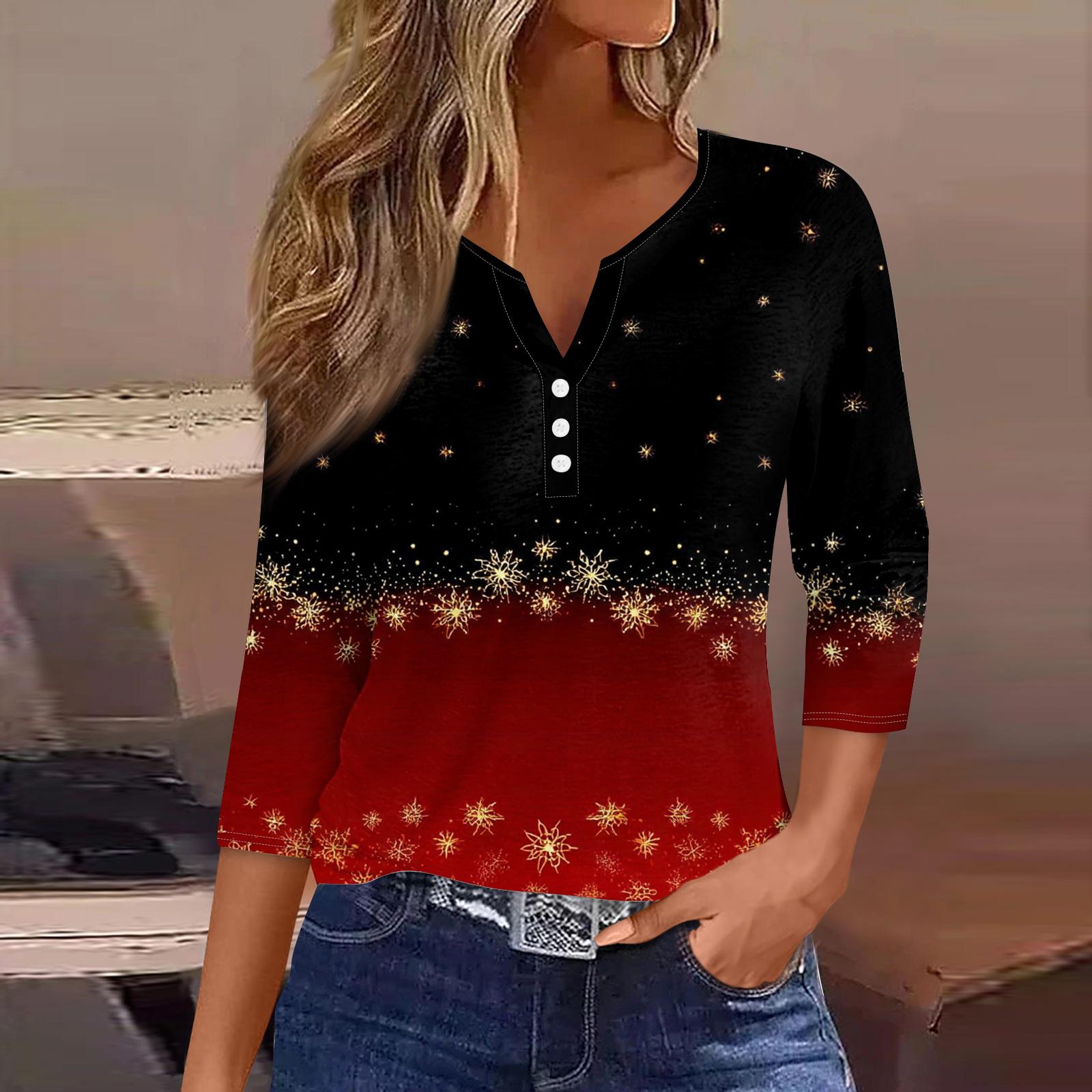 

Женская мода Повседневная футболка с принтом на Хэллоуин, V-образным вырезом, коротким рукавом, декоративными пуговицами, рукавом три четверти M