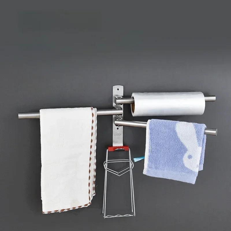 Wall Mounted Rotatable Towel Holder Stainless Steel Towel Rack Space Saving Bathroom Kitchen Shower Room Storage Organizer