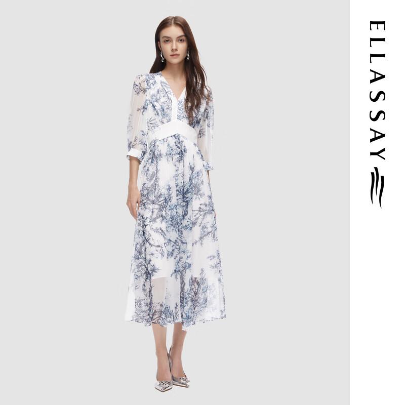ELLASSAY 2024 Autumn V-Neck Watercolor Ink Print Dress