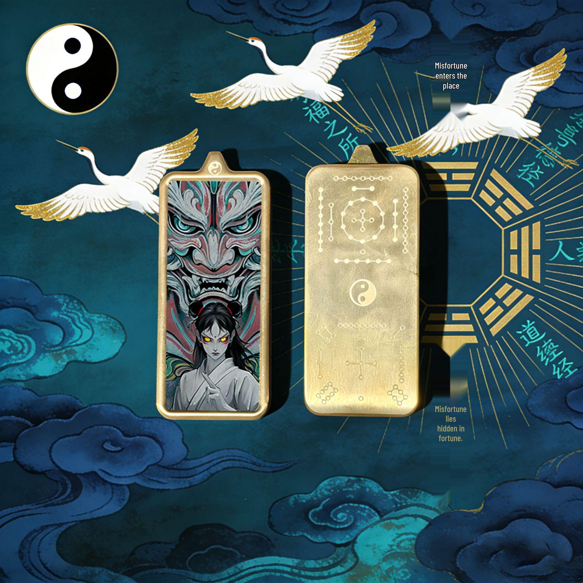 

Set of 5 Taoist Pendants: White Crane Boy, Zhong Kui, Nezha, Guan Sheng Di Jun, Southern Route God of Wealth Gilded Heart + Case