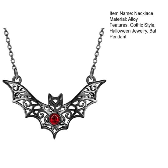 Gothic Bat Pendant Necklace Faux Ruby Hollow-out Bat Necklace Halloween Jewelry for Gothic Lovers Women Costume Party