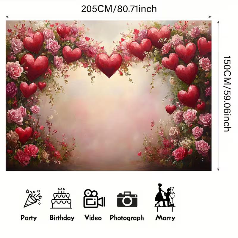 2D Romantic Valentine's Floral and Heart Garland Backdrop Party Photo Background Banner