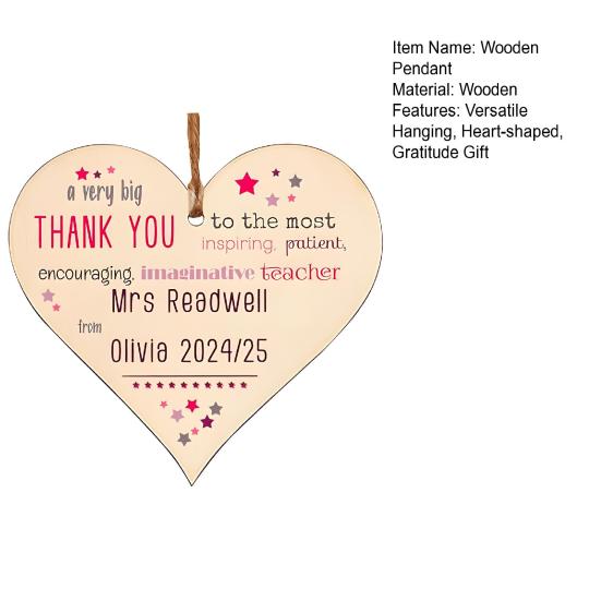 Wooden Heart Plaque Teacher Gift Heart Shape Hanging Decoration Thank You Gift for Teachers Nursery Preschool Childminder