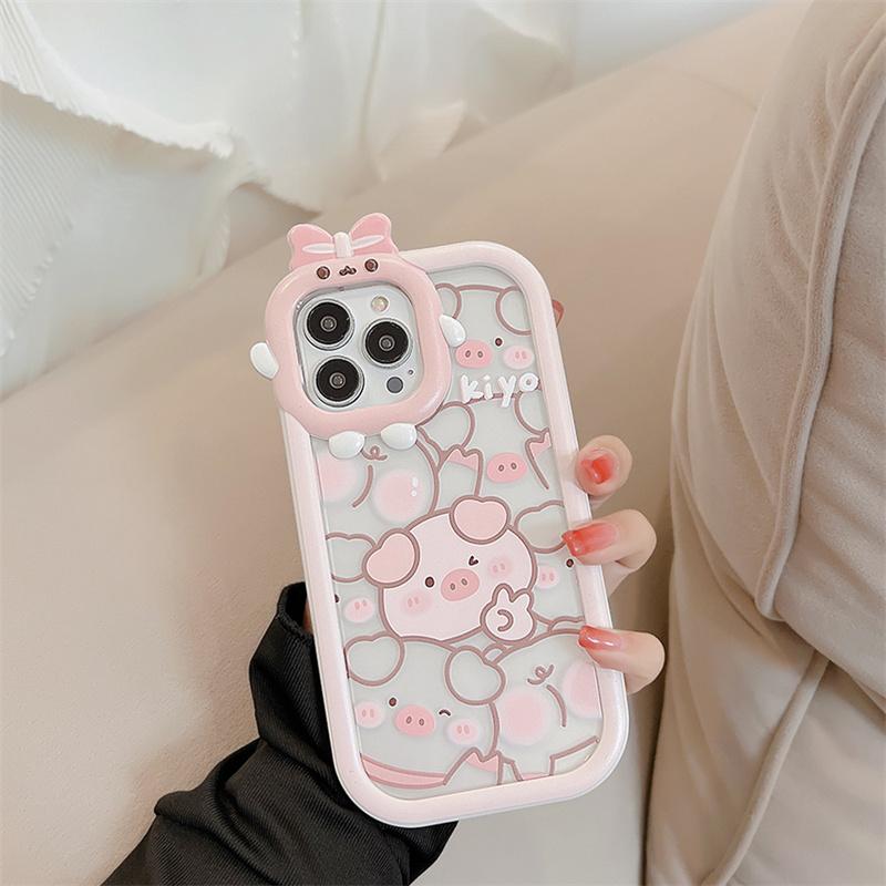 Kreative Persönlichkeit niedlichen 3D-Bär Rahmen Cartoon Linie rosa Schwein 2 in 1 Anti-Fall-Shell für iPhone 14 13 12 11 Pro Max Handyhülle
