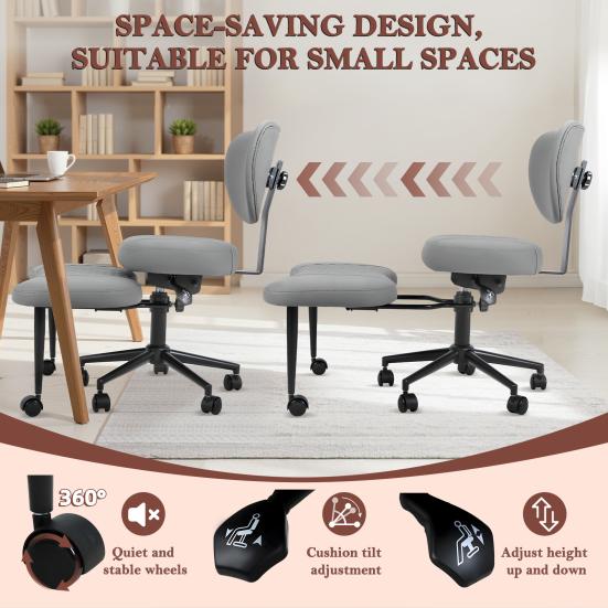 Silla de Oficina Giratoria Silla de Yoga, Meditación con Respaldo Ergonómico, Piernas Cruzadas Transpirable Cuero Sintético Ruedas, Arrodillado para Yoga en Casa, Ajustable