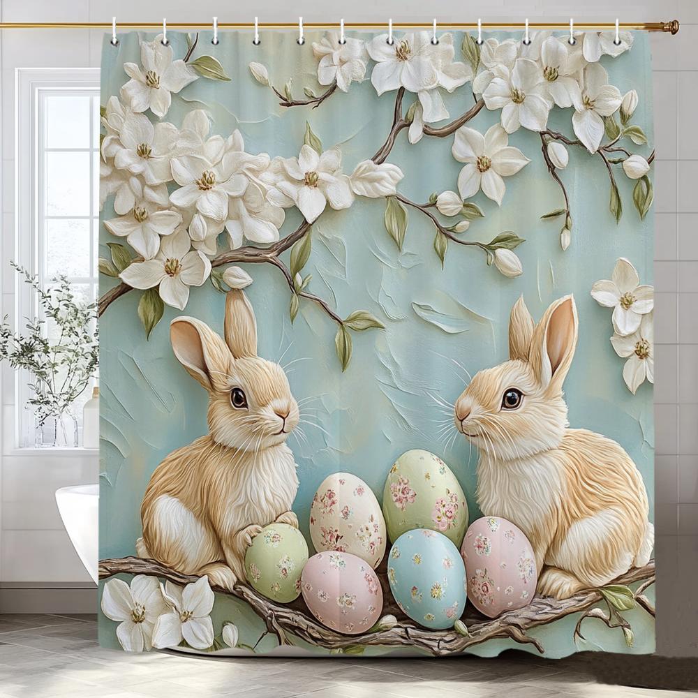 Happy Easter Bunny Eggs In Wooden Board Hole Cartoon Shower Curtain, Bathroom Decorative Shower Curtain, Home Curtain with Hooks