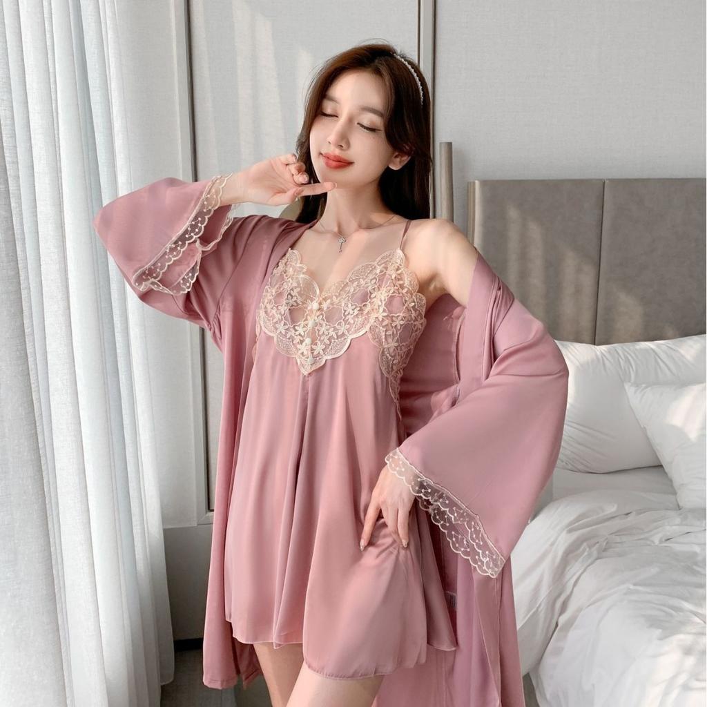 Sexy pajamas women's ice silk summer new two-piece set lace suspender nightdress nightgown with chest pad loungewear thin
