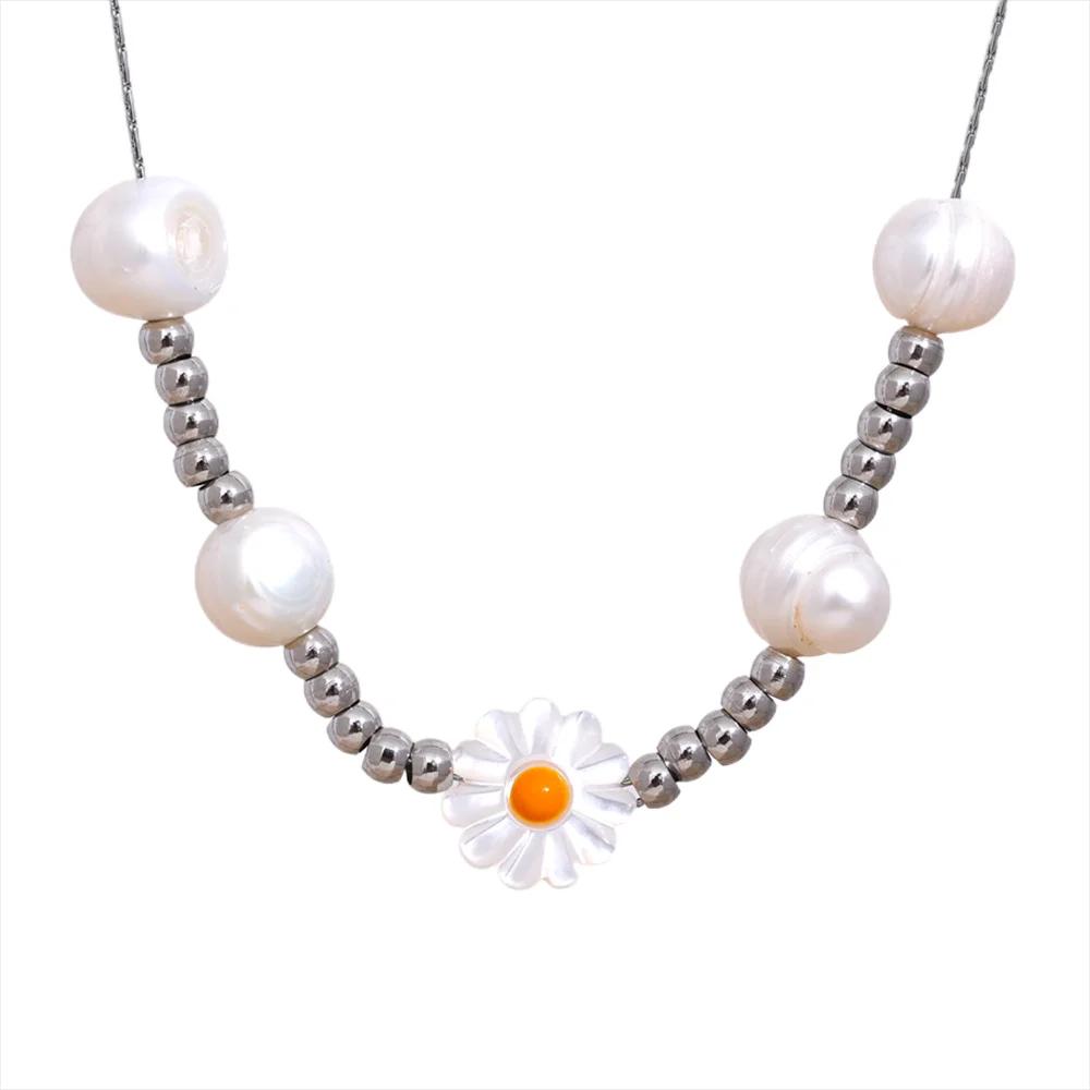 

Yhpup Stainless Steel Natural Shell Flower Pearls Chic Fashion Necklace Sweet Romantic Beads Handmade Necklace Jewelry Women