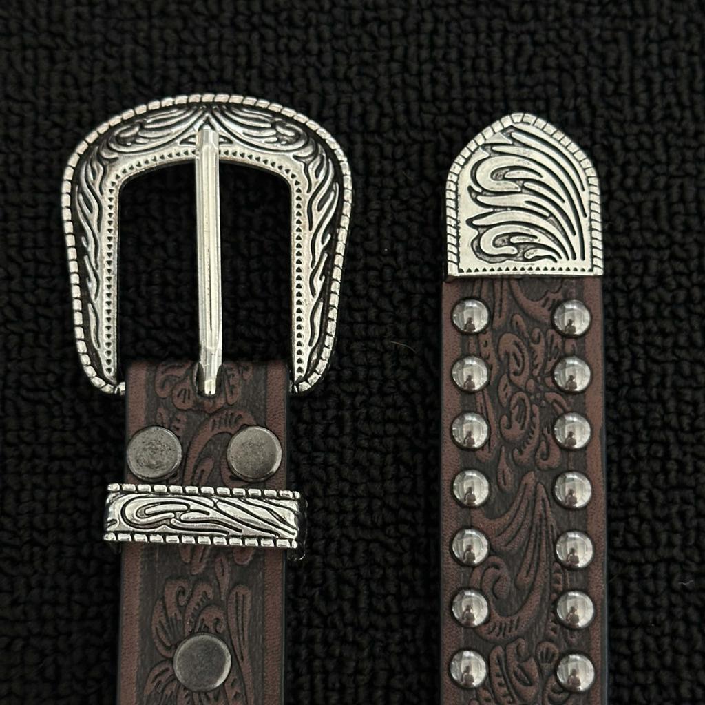 Carved Rivets Brown Belt Textured Vintage Belt Pants Wear Belt