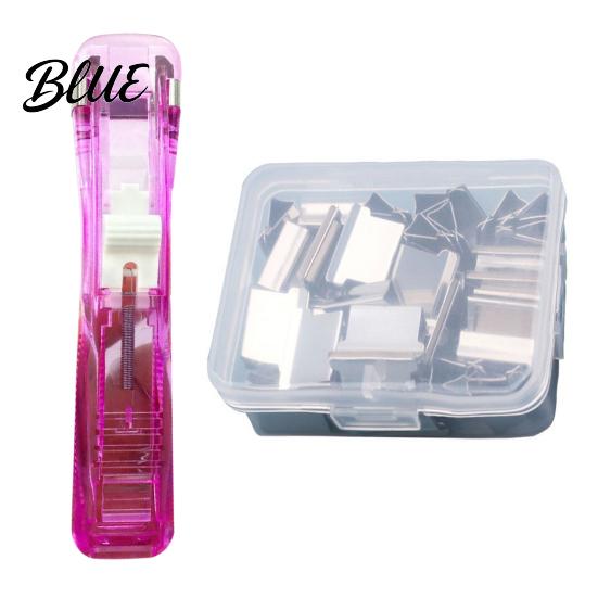 Reusable Binder Clips Paper Clip Stapler Portable Dispenser No Hole Punching Pusher with 50 Refillable Transparent Metal Office School Supplies Home