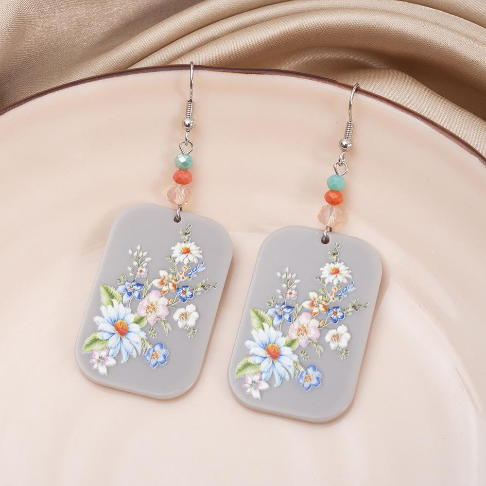 Light Gray Retro Geometric Flower Print Acrylic Earrings for Women