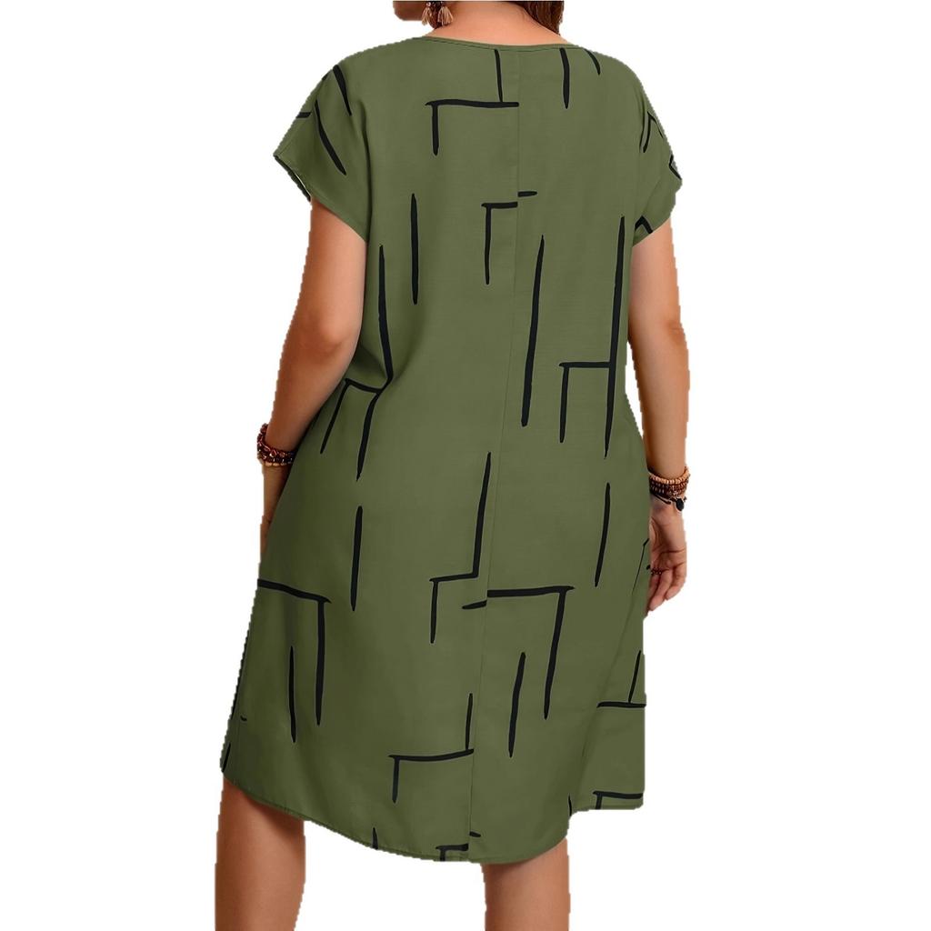 European and American new summer round neck loose fashion casual large size printed short sleeve dress women's clothing