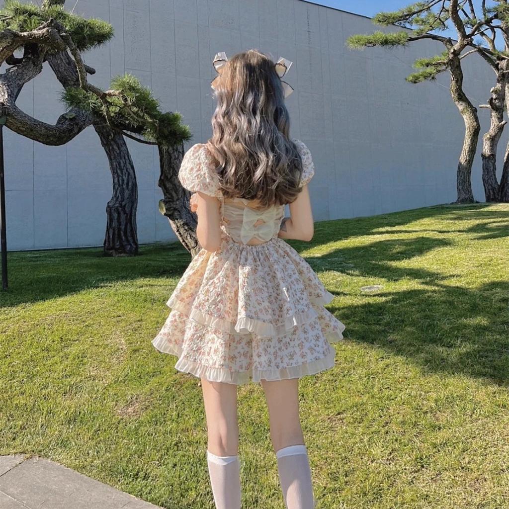 Květinové šaty s nabíraným rukávem Dámské letní luk Sladké šaty bez zad v korejském stylu