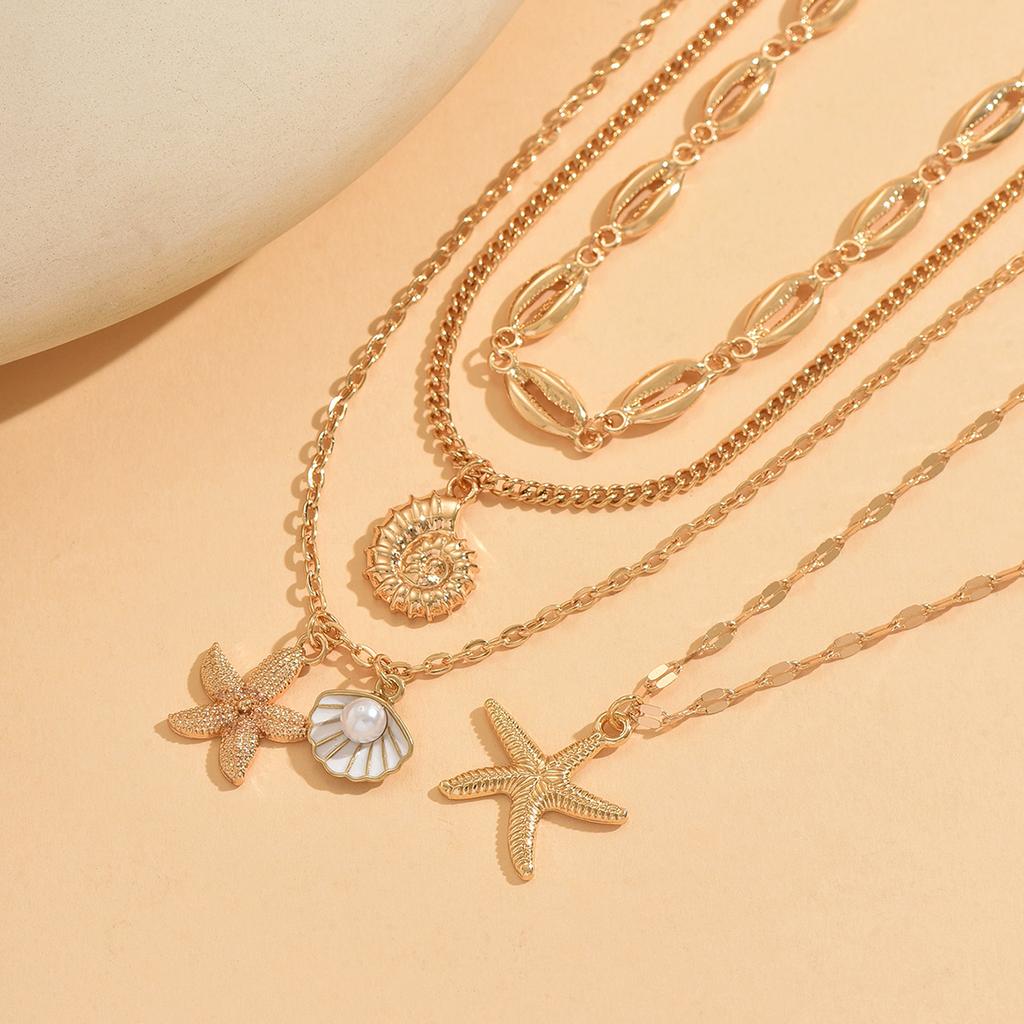 4-piece Layer Ocean Theme Necklace For Women Gold Starfish Shell Conch Pendant Vintage Boho Choker Chain Beach Jewelry Gift