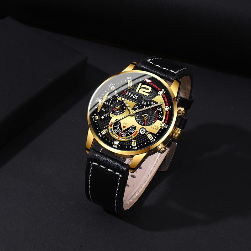 3PCS Set Men  Luxry Classic Watches Leather Watch Band Round Wrist Watch for Male Wristwatch Bracelet Necklace Man Gift