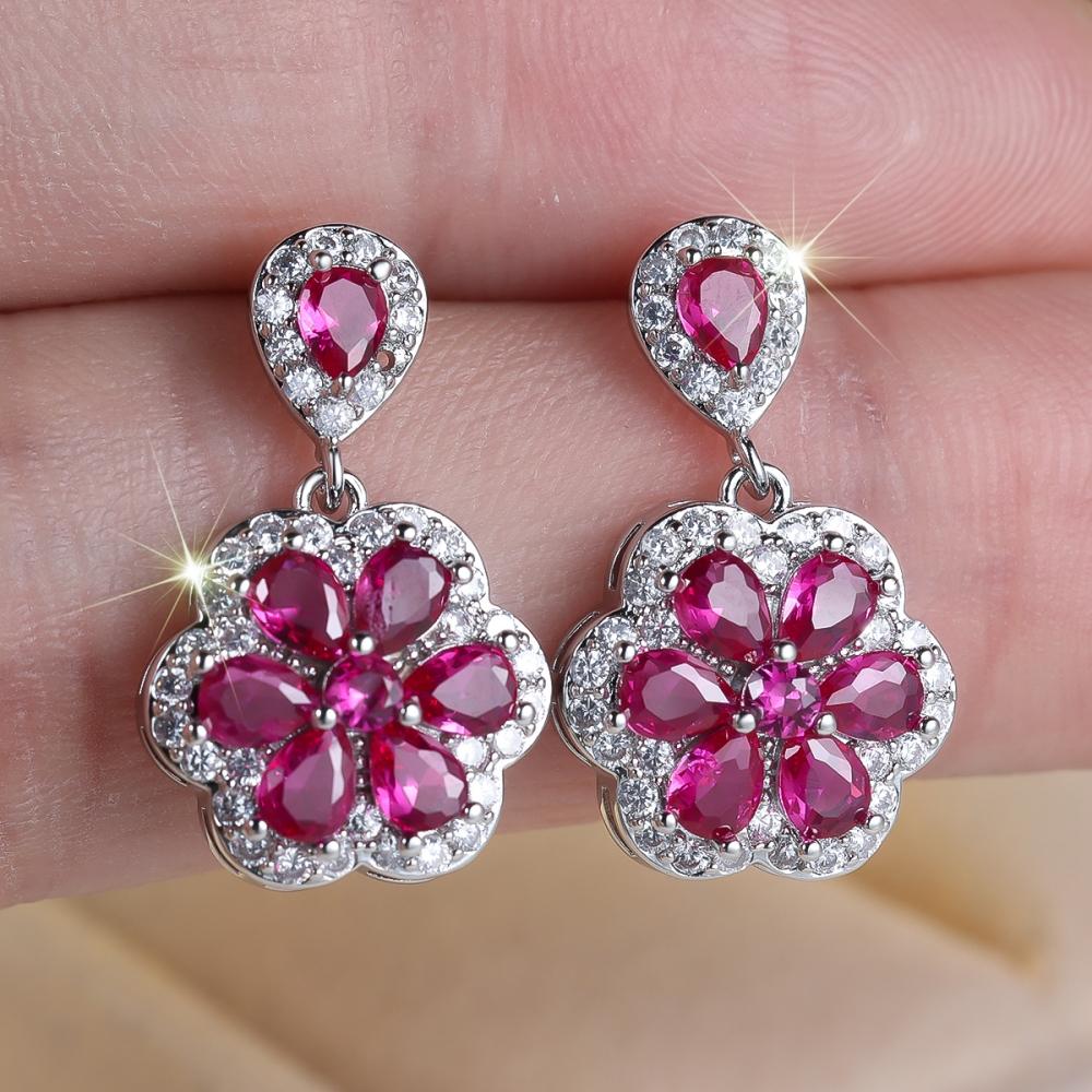 Exquisite White Rose Red Zircon Flower Drop Earrings for Women Elegant Silver Color Wedding Jewelry Gifts