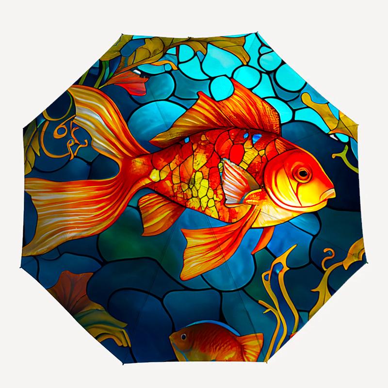 

Stained Fish Design Automatic Opening Folding Umbrella with Iron Frame - Perfect for Fans, Travelers, Daily Use, and Festive Gifts!1121009a