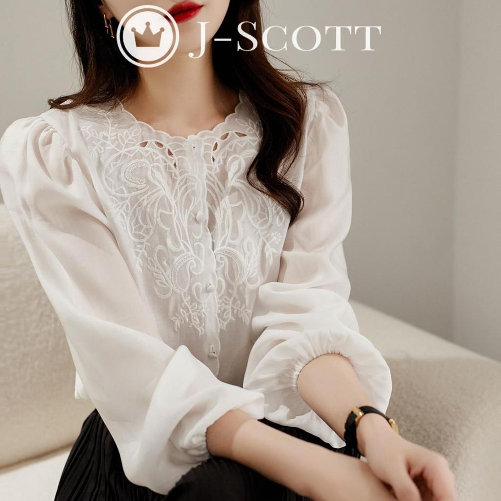 J-Scott Bestickte Chiffonbluse mit botanischem Druck, Puffärmeln, langen Ärmeln, Muscheldesign, Weiß (JS86-WH-XL) (Begrenzter Vorrat)