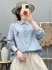 Women's Japanese Retro Double-Layer Cotton Gauze Shirt with Small Horse Embroidery
