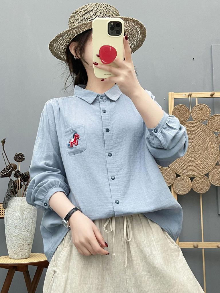 Women's Japanese Retro Double-Layer Cotton Gauze Shirt with Small Horse Embroidery