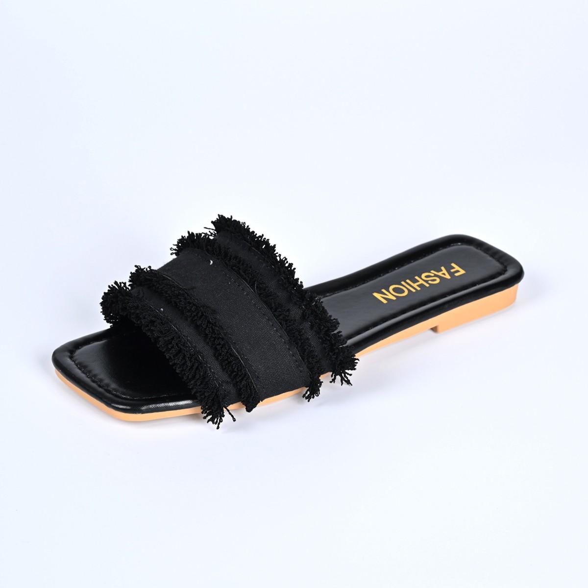 

Fashion Fashion Tweed Cloth Flats Slippers Women 2025 String Bead Summer Sandals Woman Lightweight Outdoor Slides Female 35 чёрный