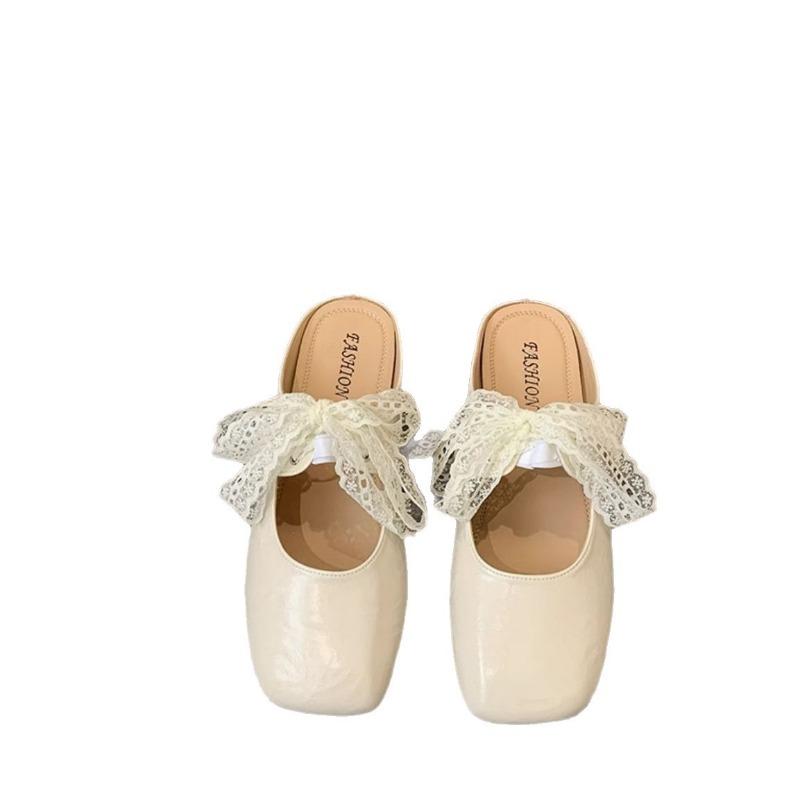 Niche square head flat sole shoes women's spring new Lori with lace bow women's bag head slippers