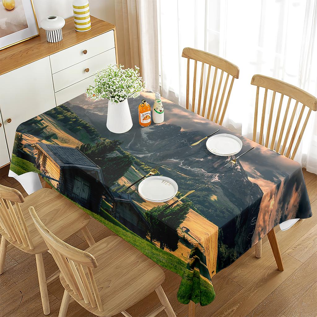 Tablecloth Landscape Waterproof Rectangle Table Cover House Amazing View Countryside Great for Parties, Holiday Dinner, Wedding