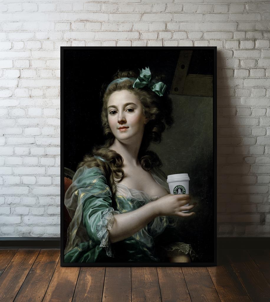 Pop Art Poster Lady with Coffee Portrait